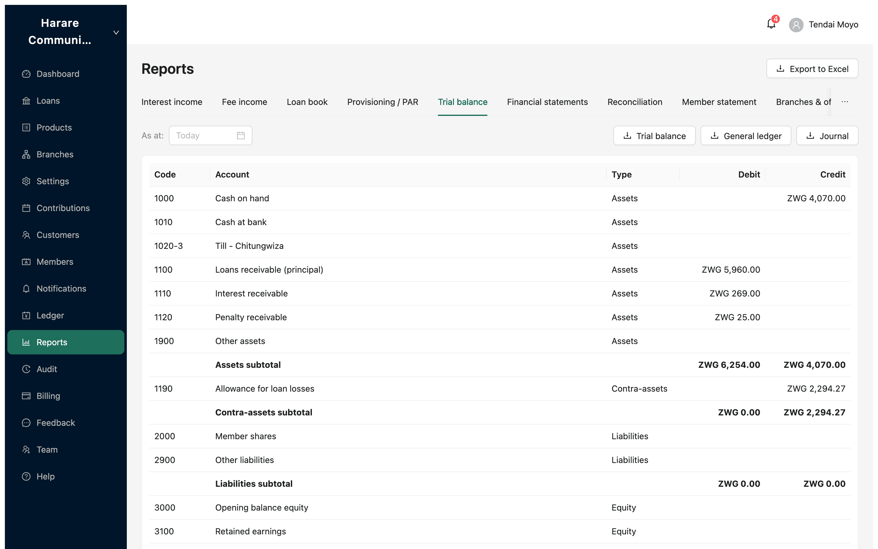 The RT Loans trial balance: every account with debit and credit columns, grouped with subtotals, and totals that agree